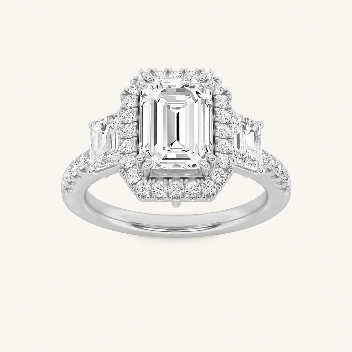 3CT Emerald Cut Lab Grown Diamond Three Stone Halo Ring