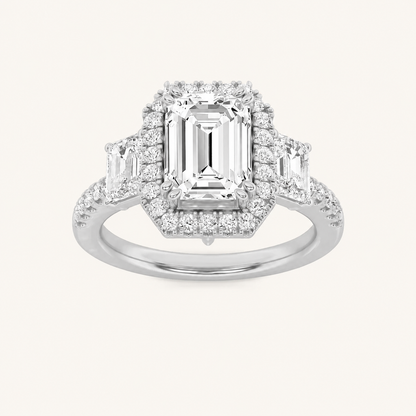 3CT Emerald Cut Lab Grown Diamond Three Stone Halo Ring