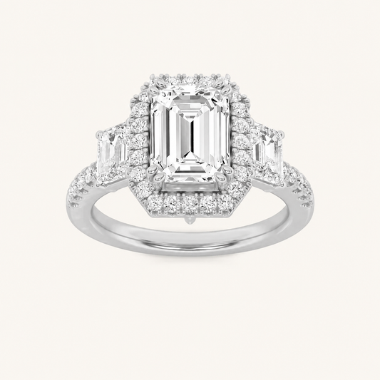 3CT Emerald Cut Lab Grown Diamond Three Stone Halo Ring