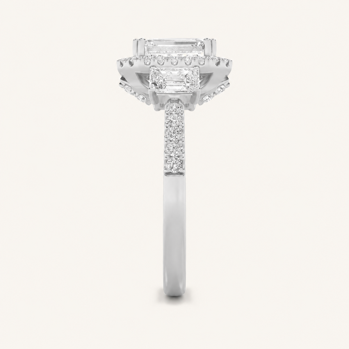 3CT Emerald Cut Lab Grown Diamond Three Stone Halo Ring