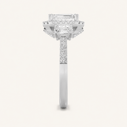 3CT Emerald Cut Lab Grown Diamond Three Stone Halo Ring