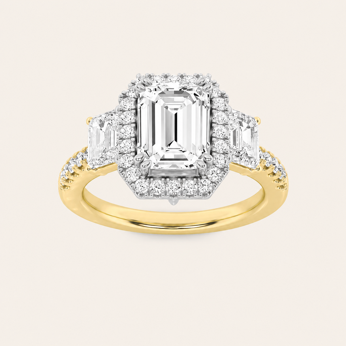 3CT Emerald Cut Lab Grown Diamond Three Stone Halo Ring