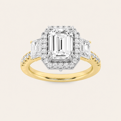 3CT Emerald Cut Lab Grown Diamond Three Stone Halo Ring