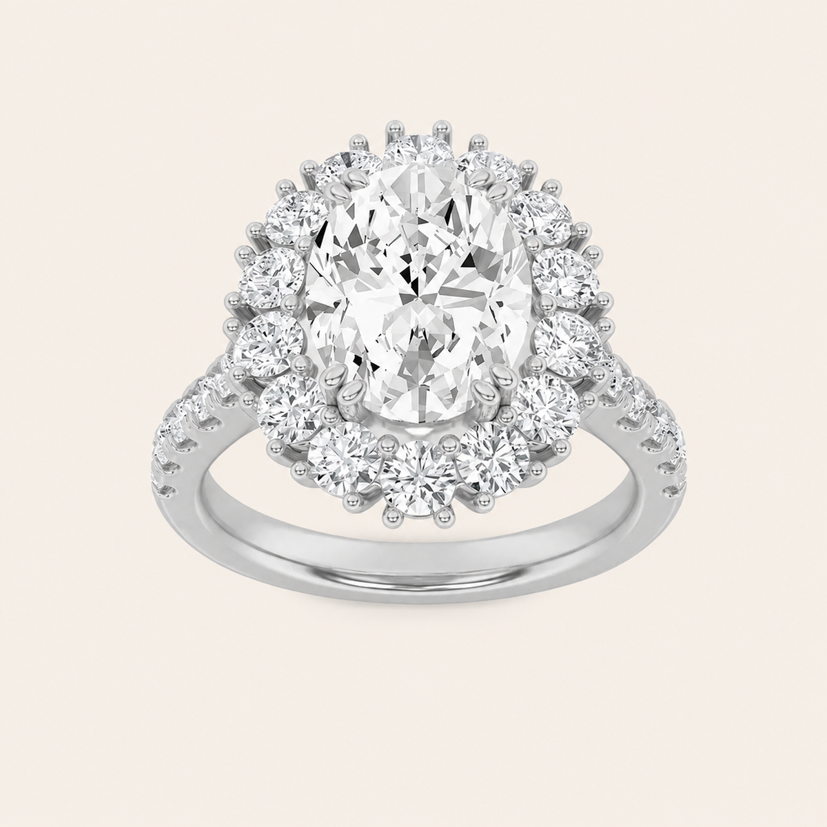 4CT Oval Cut Lab Grown Diamond Bold Classic Halo Side Stone Ring