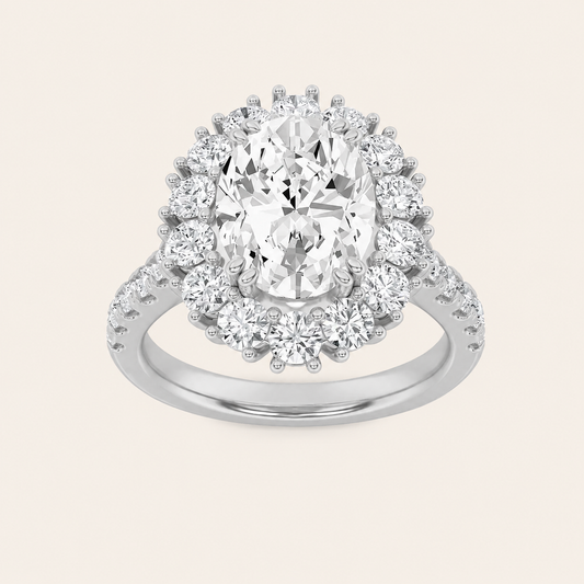 4CT Oval Cut Lab Grown Diamond Bold Classic Halo Side Stone Ring