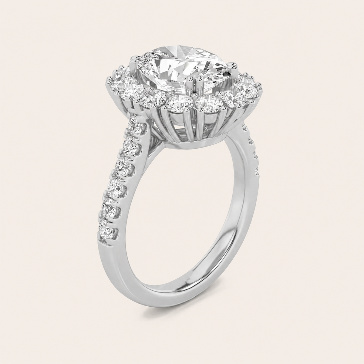 4CT Oval Cut Lab Grown Diamond Bold Classic Halo Side Stone Ring