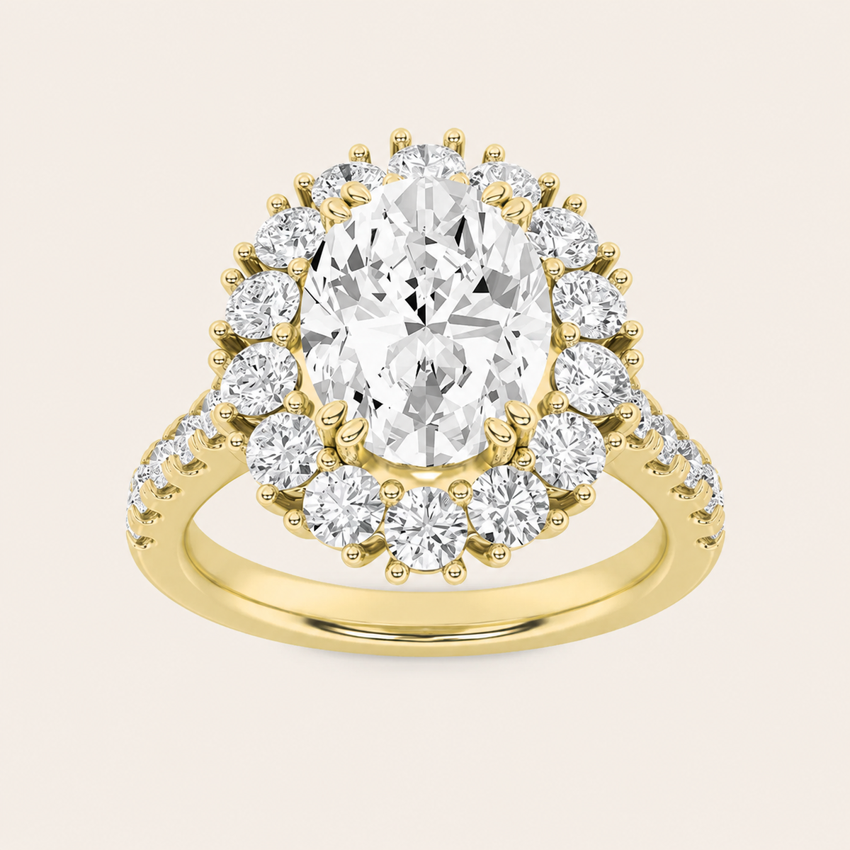 4CT Oval Cut Lab Grown Diamond Bold Classic Halo Side Stone Ring