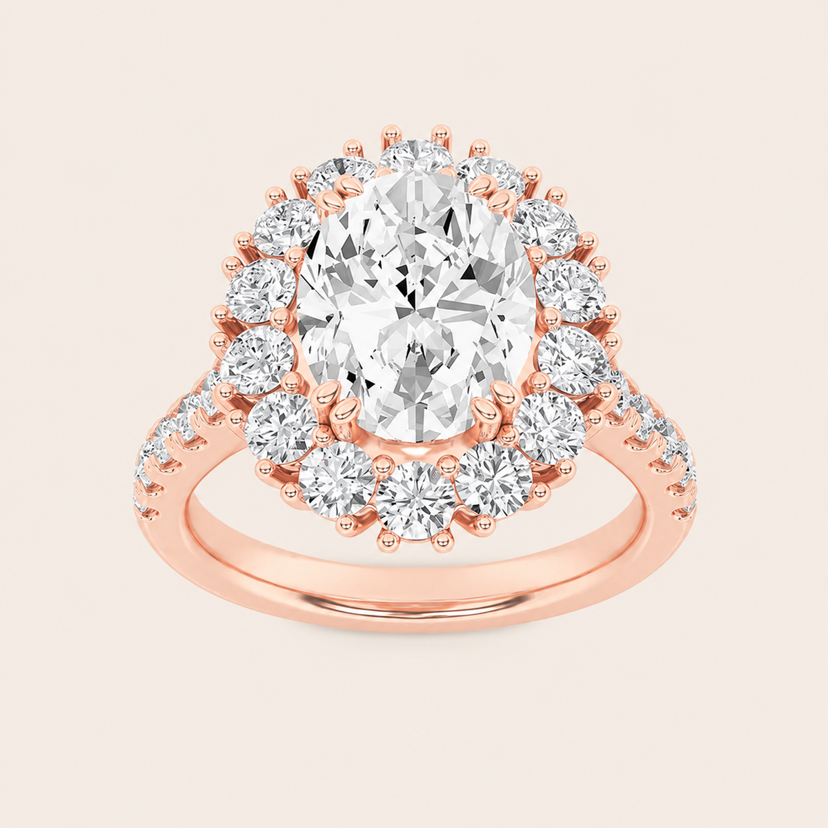 4CT Oval Cut Lab Grown Diamond Bold Classic Halo Side Stone Ring
