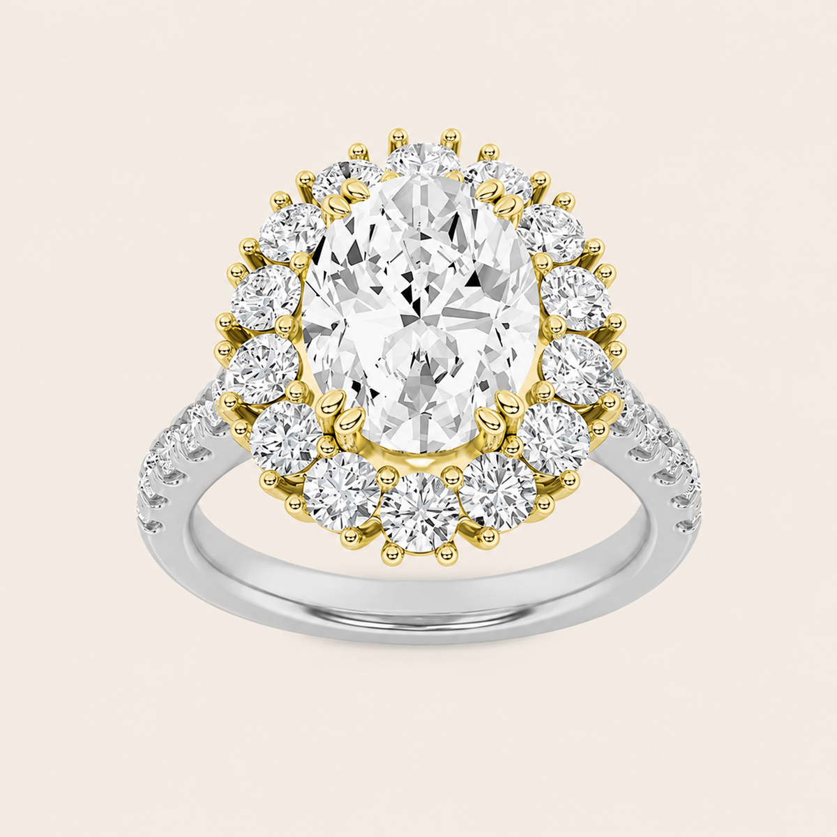 4CT Oval Cut Lab Grown Diamond Bold Classic Halo Side Stone Ring