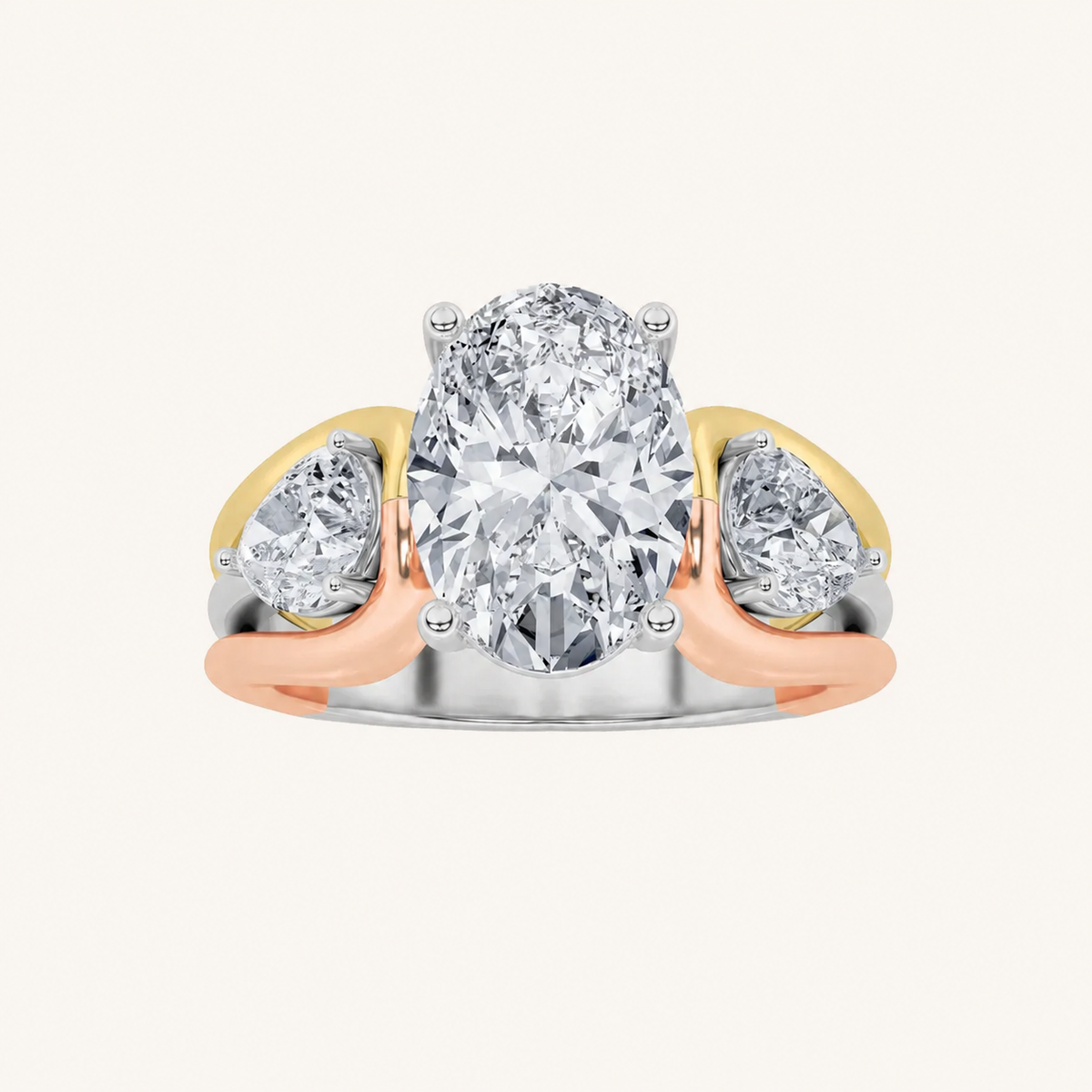 3CT Oval Cut Lab Grown Diamond Tri Color Solitaire Ring