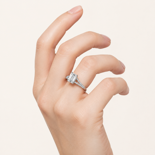 2 CT Emerald Cut Lab Grown Diamond Side Stone Ring