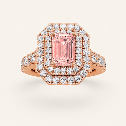 2 CT Emerald Cut Lab Grown Diamond Halo Side Stone Ring