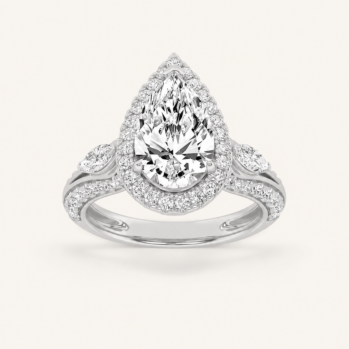 3CT Pear Cut Lab Grown Diamond Three Stone Halo Ring