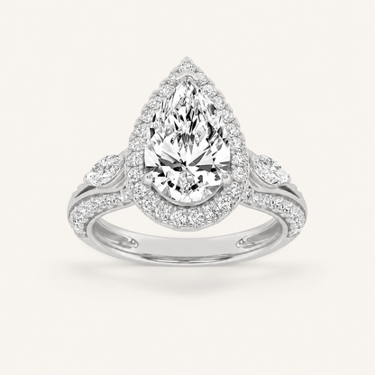 3CT Pear Cut Lab Grown Diamond Three Stone Halo Ring