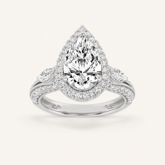 3CT Pear Cut Lab Grown Diamond Three Stone Halo Ring