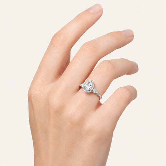 3CT Pear Cut Lab Grown Diamond Three Stone Halo Ring