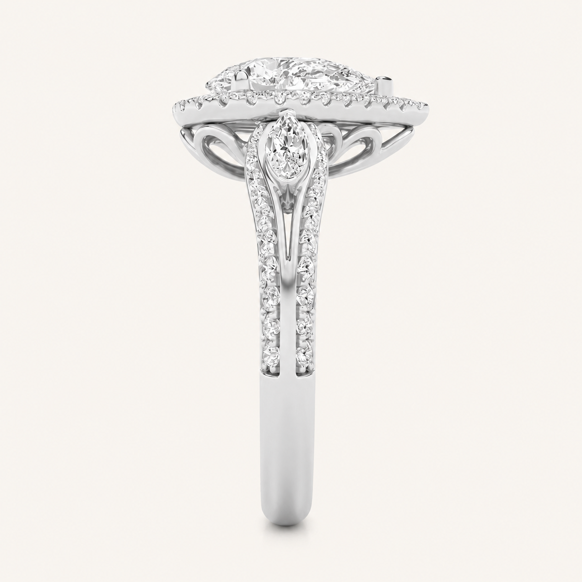 3CT Pear Cut Lab Grown Diamond Three Stone Halo Ring