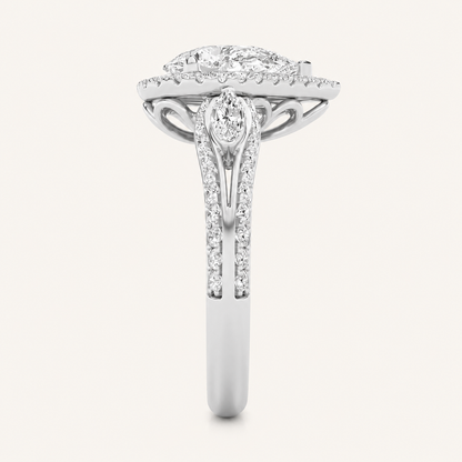 3CT Pear Cut Lab Grown Diamond Three Stone Halo Ring
