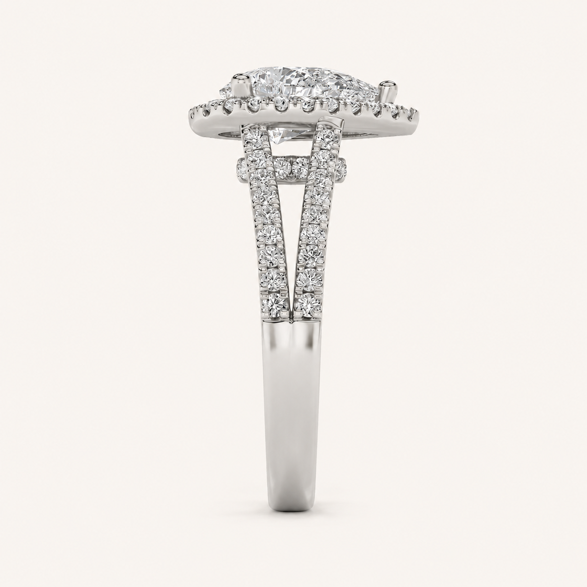 2 CT Pear Cut Lab Grown Diamond Split Shank Halo Side Stone Ring