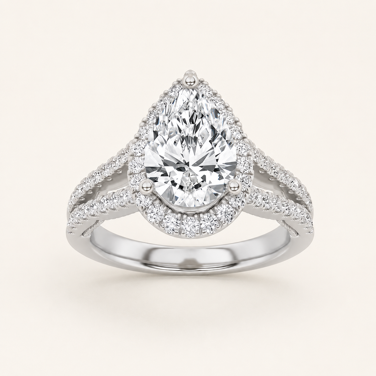 2 CT Pear Cut Lab Grown Diamond Split Shank Halo Side Stone Ring