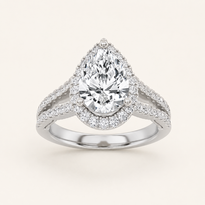 2 CT Pear Cut Lab Grown Diamond Split Shank Halo Side Stone Ring