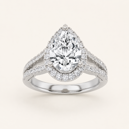 2 CT Pear Cut Lab Grown Diamond Split Shank Halo Side Stone Ring