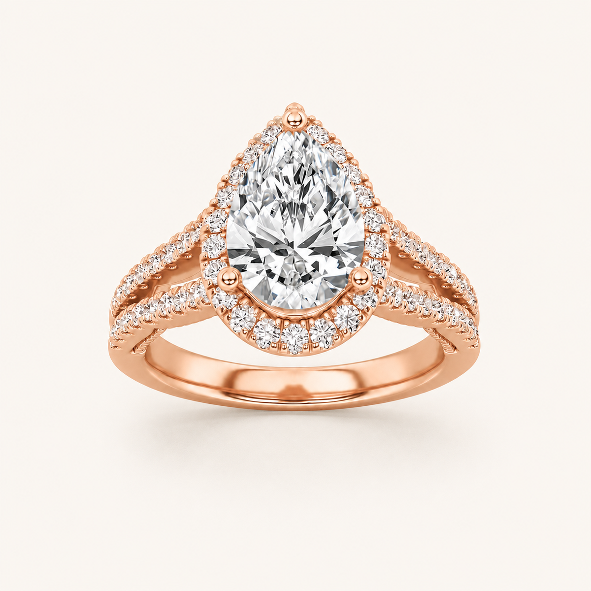 2 CT Pear Cut Lab Grown Diamond Split Shank Halo Side Stone Ring
