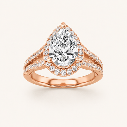 2 CT Pear Cut Lab Grown Diamond Split Shank Halo Side Stone Ring