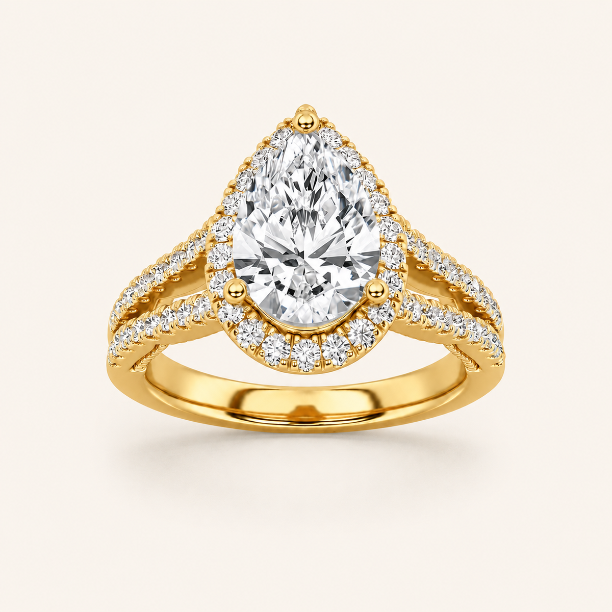 2 CT Pear Cut Lab Grown Diamond Split Shank Halo Side Stone Ring