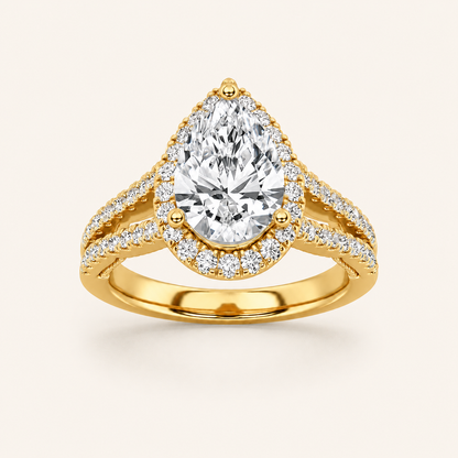 2 CT Pear Cut Lab Grown Diamond Split Shank Halo Side Stone Ring
