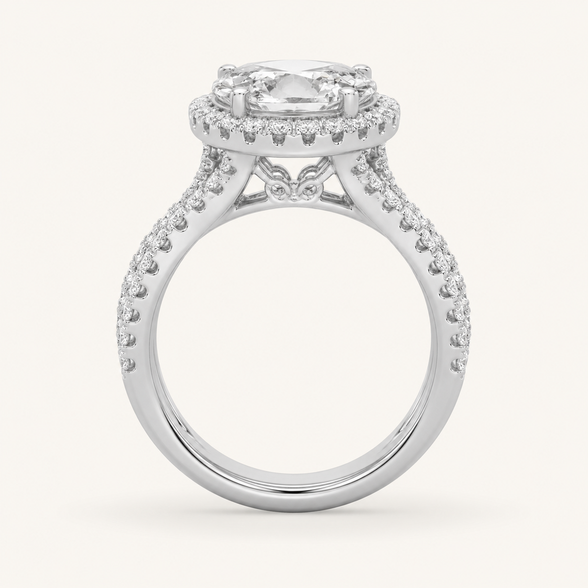3 CT Oval Cut Lab Grown Diamond Split Shank Halo Side Stone Ring