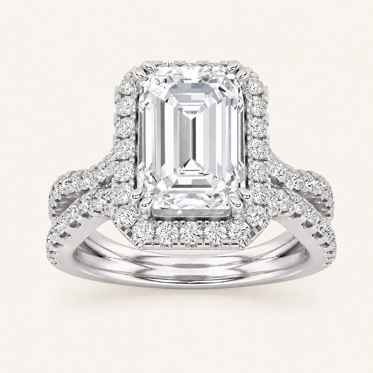 3 CT Emerald Cut Lab Grown Diamond Split shank Halo Side Stone Ring