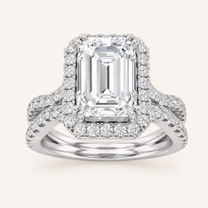 3 CT Emerald Cut Lab Grown Diamond Split shank Halo Side Stone Ring