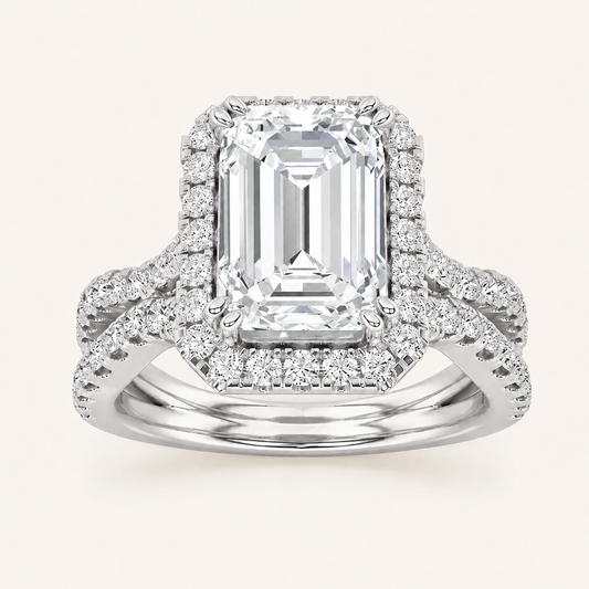 3 CT Emerald Cut Lab Grown Diamond Split shank Halo Side Stone Ring