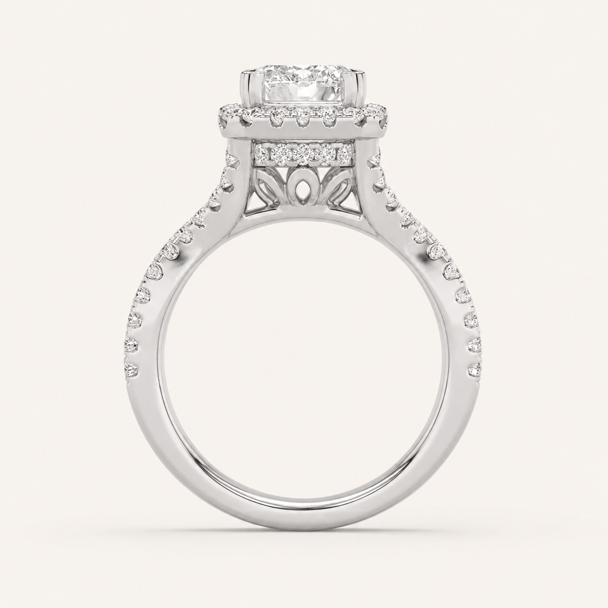 3 CT Emerald Cut Lab Grown Diamond Split shank Halo Side Stone Ring