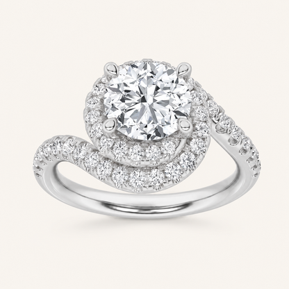 2CT Round Cut Lab Grown Diamond Swirl Accented Halo Side Stone Ring