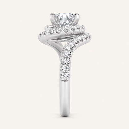 2CT Round Cut Lab Grown Diamond Swirl Accented Halo Side Stone Ring