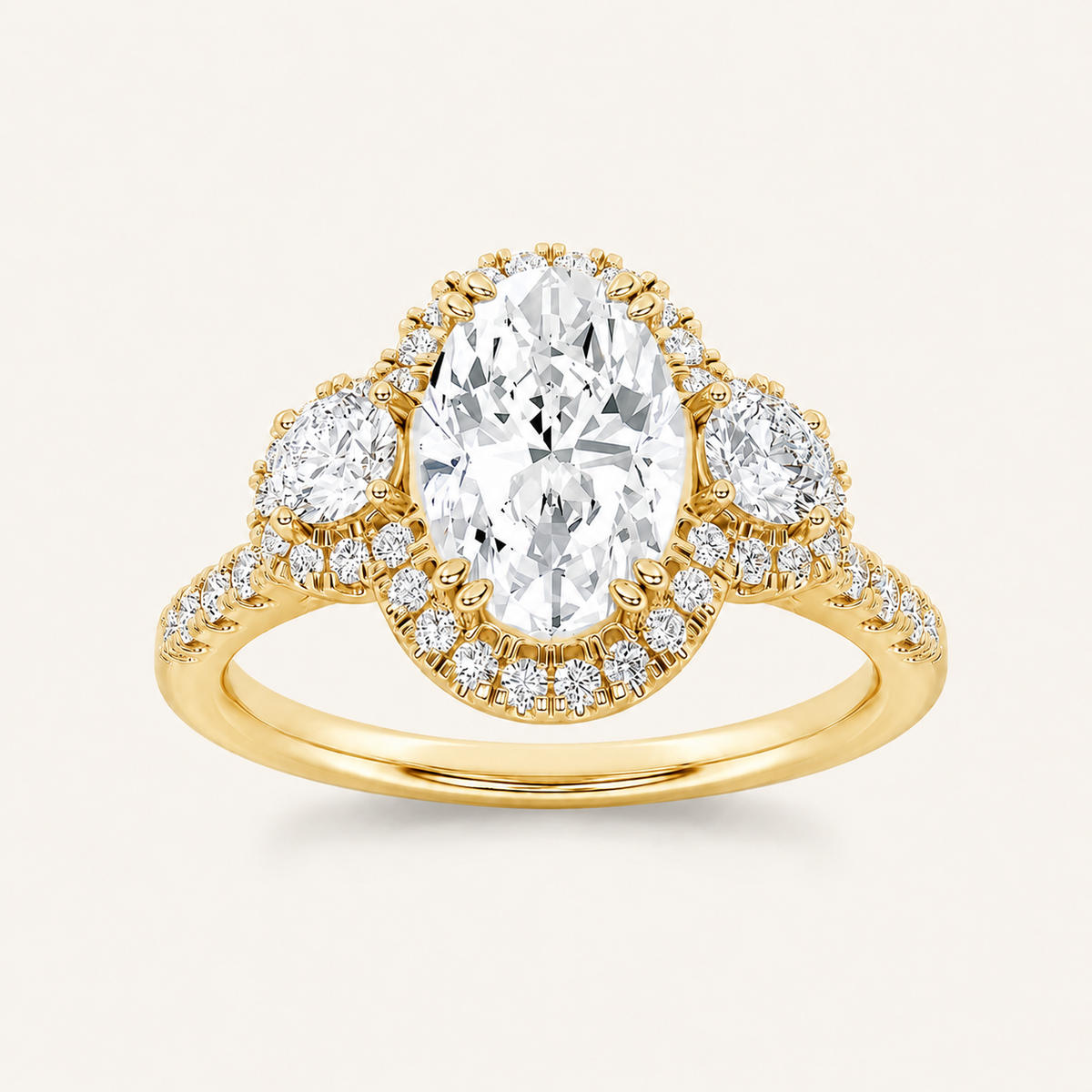 3.00 CT Oval Cut Lab Grown Diamond Three Stone Halo Ring