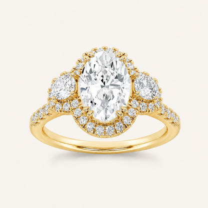 3.00 CT Oval Cut Lab Grown Diamond Three Stone Halo Ring
