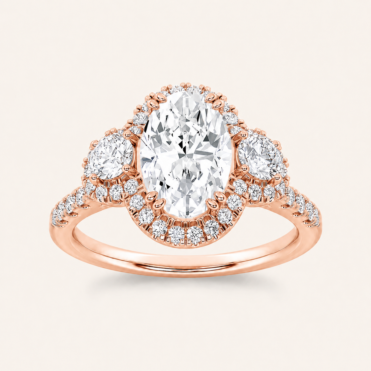 3.00 CT Oval Cut Lab Grown Diamond Three Stone Halo Ring