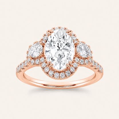 3.00 CT Oval Cut Lab Grown Diamond Three Stone Halo Ring