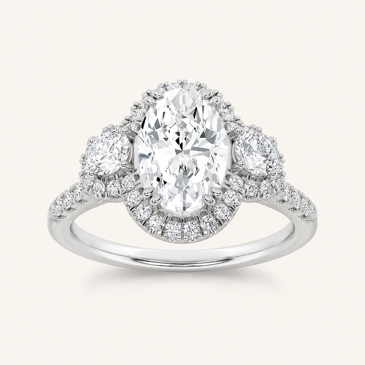 3.00 CT Oval Cut Lab Grown Diamond Three Stone Halo Ring