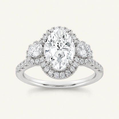 3.00 CT Oval Cut Lab Grown Diamond Three Stone Halo Ring