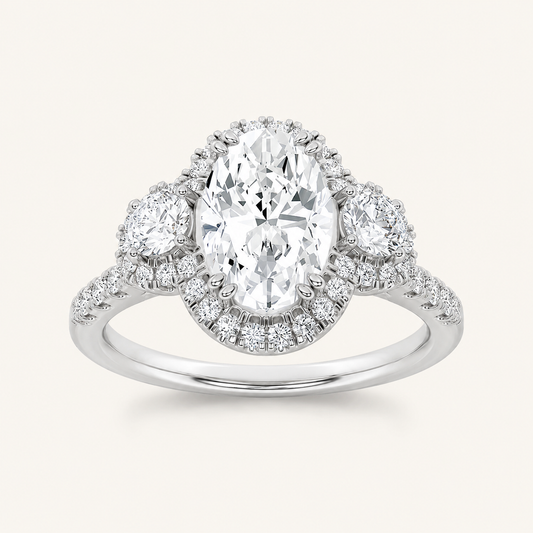 3.00 CT Oval Cut Lab Grown Diamond Three Stone Halo Ring