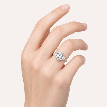 3.00 CT Oval Cut Lab Grown Diamond Three Stone Halo Ring