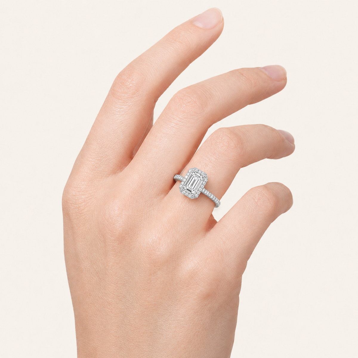 2.5CT Emerald Cut Lab Grown Diamond Halo Side Stone Ring
