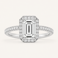 2.5CT Emerald Cut Lab Grown Diamond Halo Side Stone Ring
