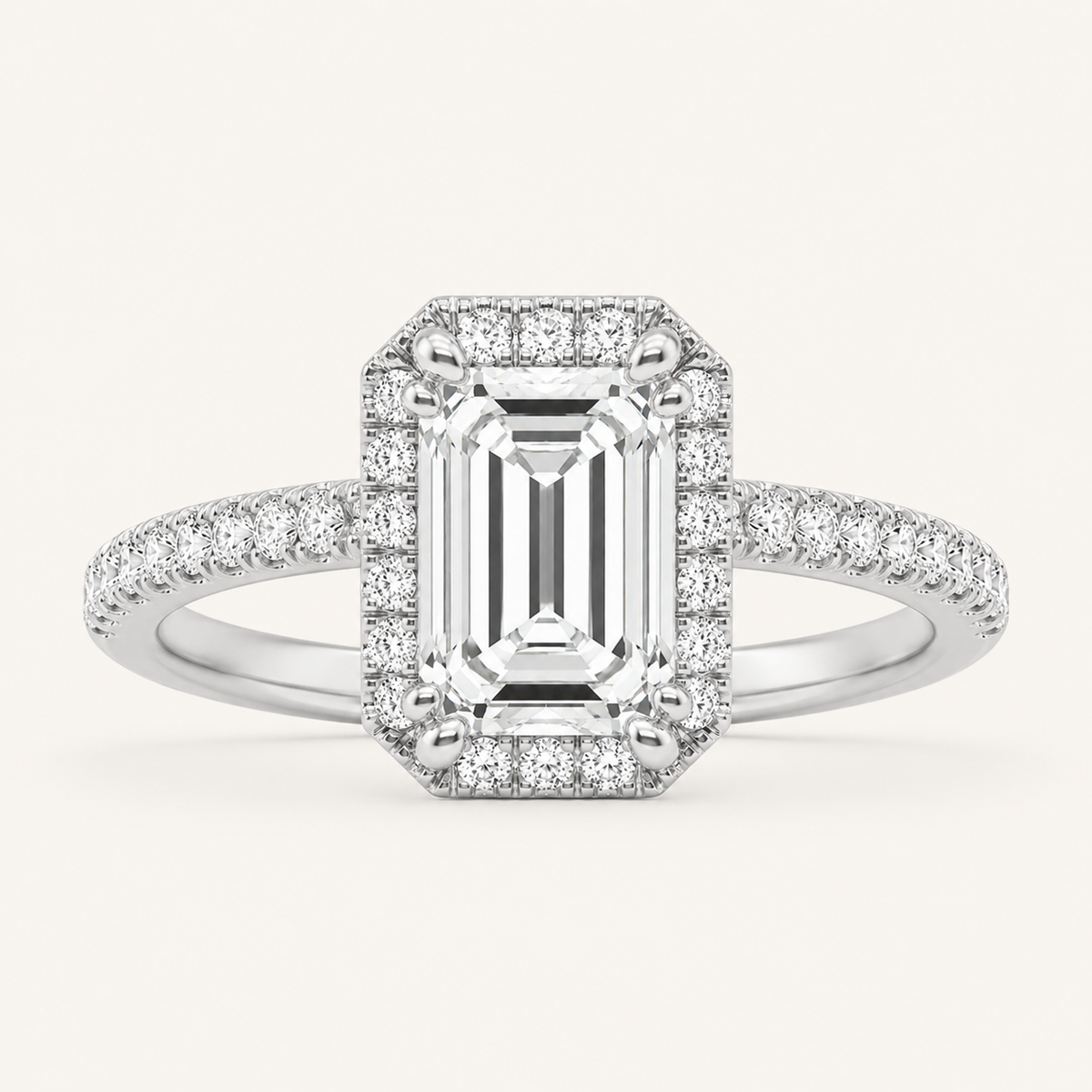 2.5CT Emerald Cut Lab Grown Diamond Halo Side Stone Ring