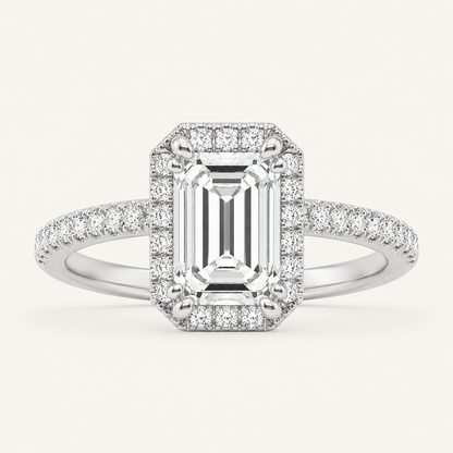 2.5CT Emerald Cut Lab Grown Diamond Halo Side Stone Ring