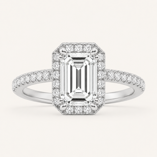 2.5CT Emerald Cut Lab Grown Diamond Halo Side Stone Ring